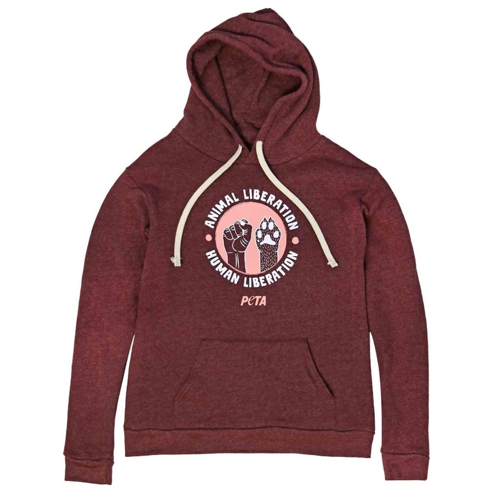 Heathered Maroon Hoodie with PeTA Animal Liberation Graphic Like New